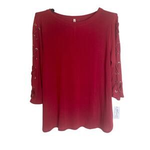 NY Collection Womens Regular Fit Crew Neck Lace-Up Blouse 3/4 Sleeve Size 3X Red